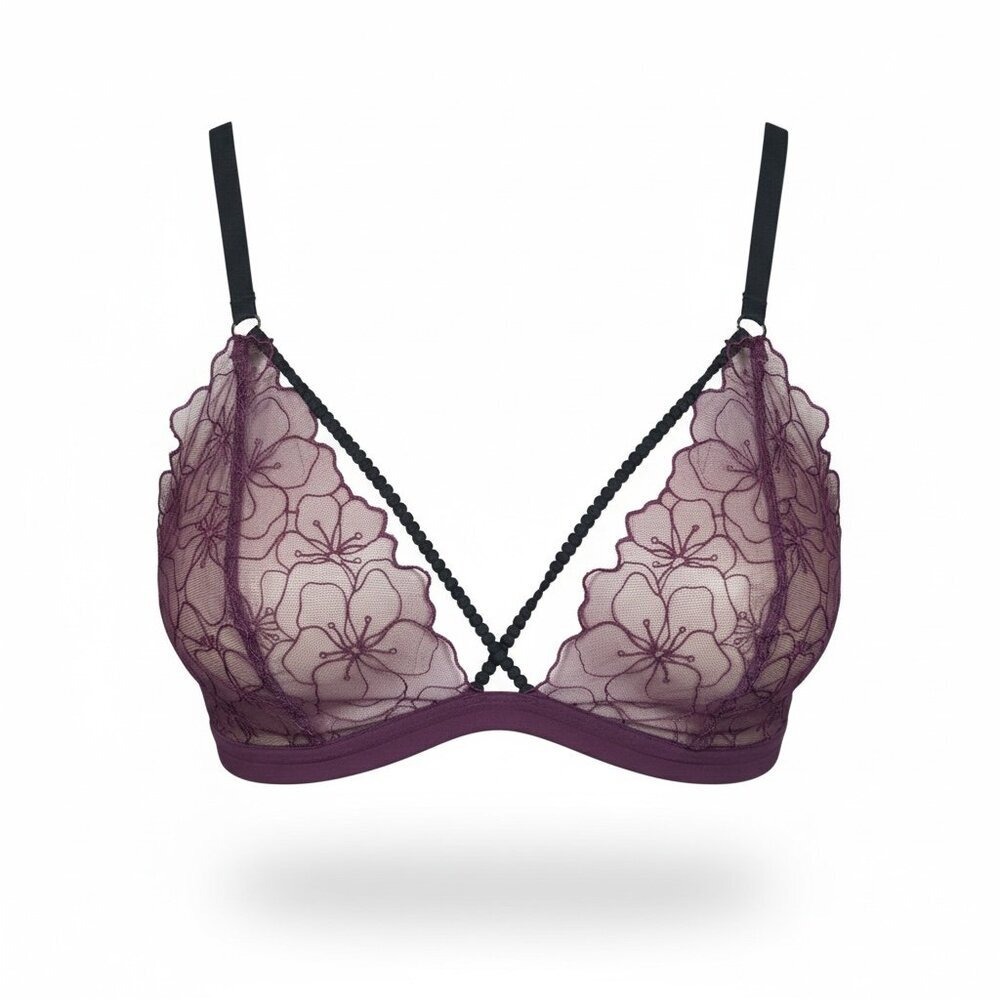 Topshop Floral Lace Mesh Bra Scalloped Sz 8 Burgundy & Black #38M